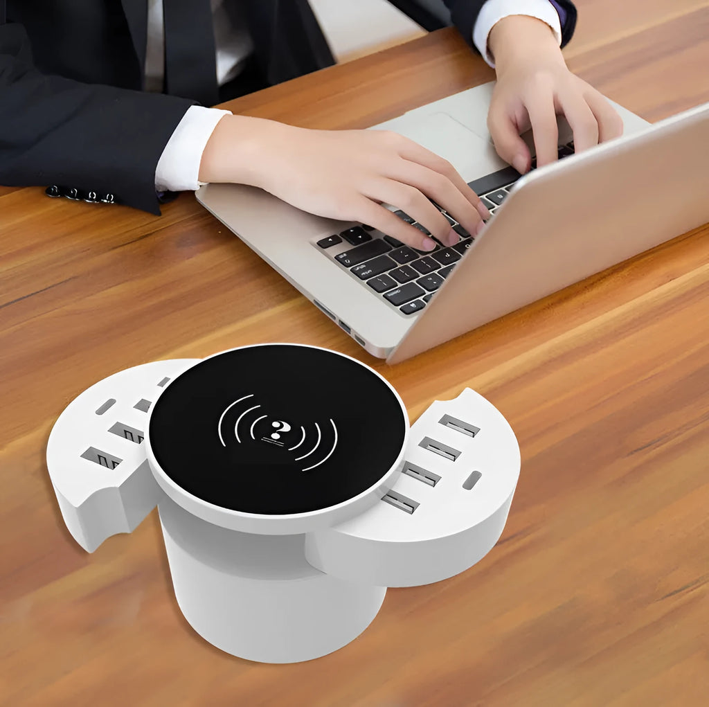 Smart phone multi-port wireless circular charger in ceramic white with LED indicator and USB interface
