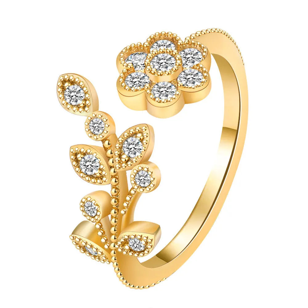 Women's open ring with floral leaf design in gold or white colour on copper