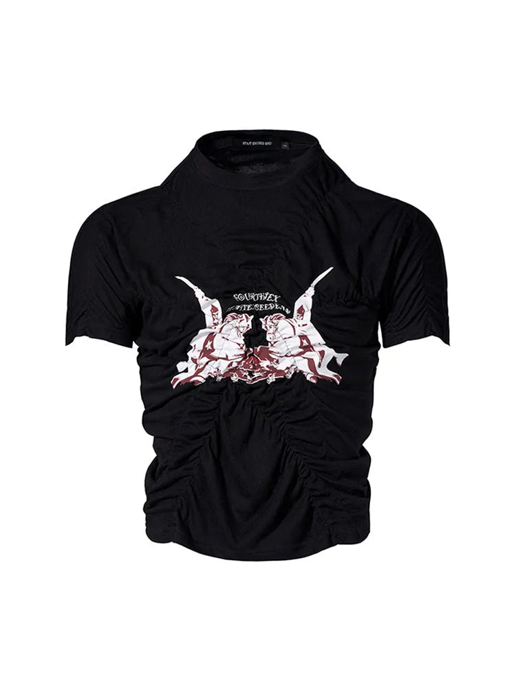 Men's black printed slim fit short sleeve round neck t-shirt with Korean style, summer casual top