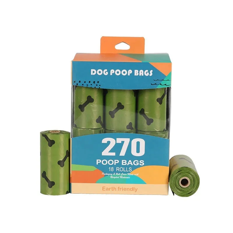 Military green degradable dog poop bags with black bone print, rolled with dispenser
