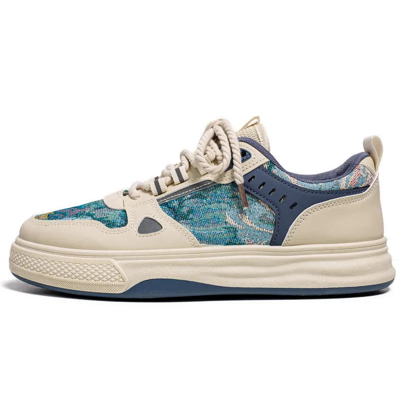 Beige and Milan green canvas casual shoes with flat heel and round toe on a plain background.