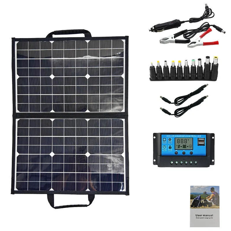 Black 40W single crystal solar panel in a folding bag, shown folded to compact size for portable charging.