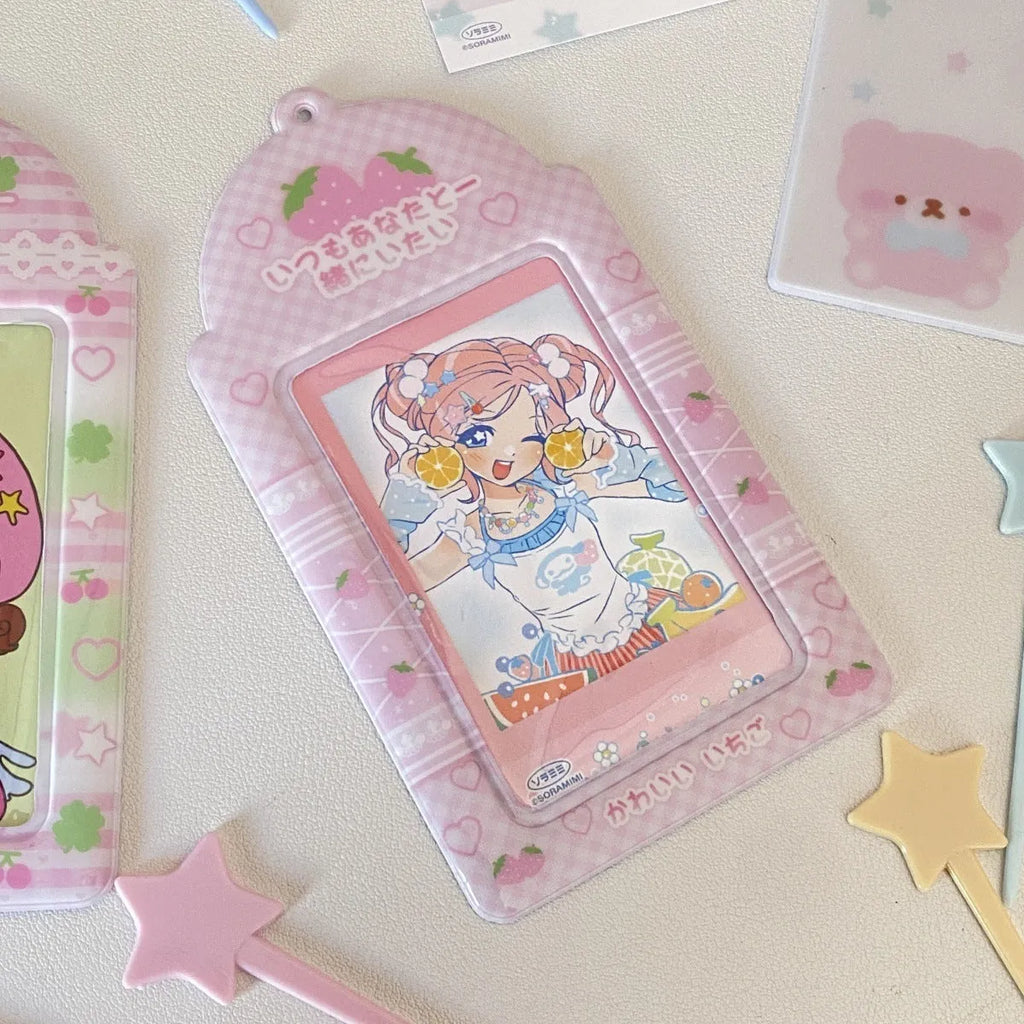 Cartoon strawberry or four-leaf clover PVC meal card holder measuring 7.6cm by 13.6cm