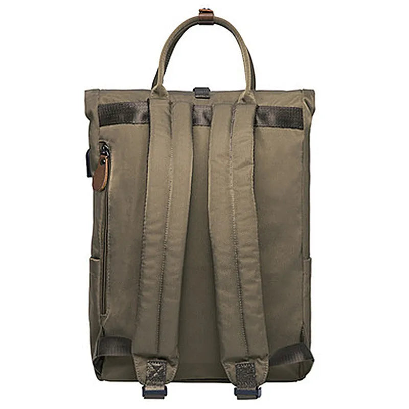 Casual polyester backpack in black, shown with cover open revealing internal laptop pocket and organiser.