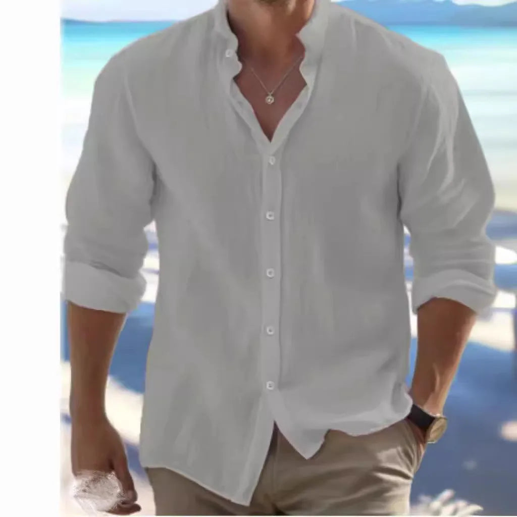 Men's light grey long-staple cotton casual button summer shirt on a hanger
