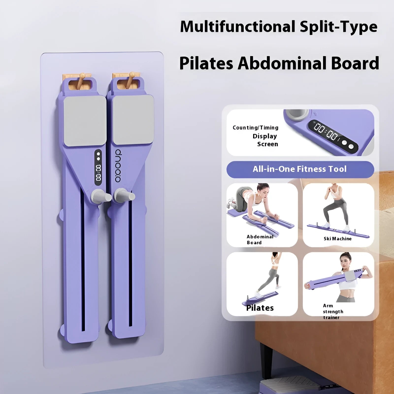 Split multifunctional skiing machine trainer and supine board in twilight purple colour with 85cm dimensions