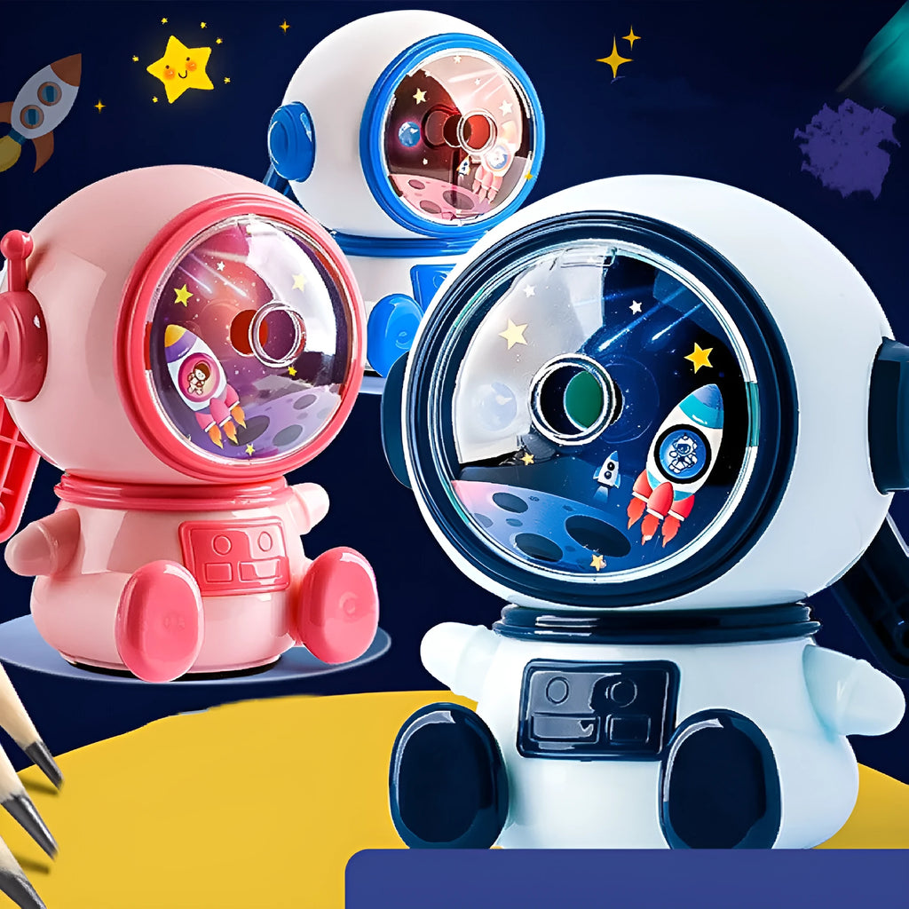 Blue cartoon astronaut manual pencil sharpener with anti-jam mechanism for children