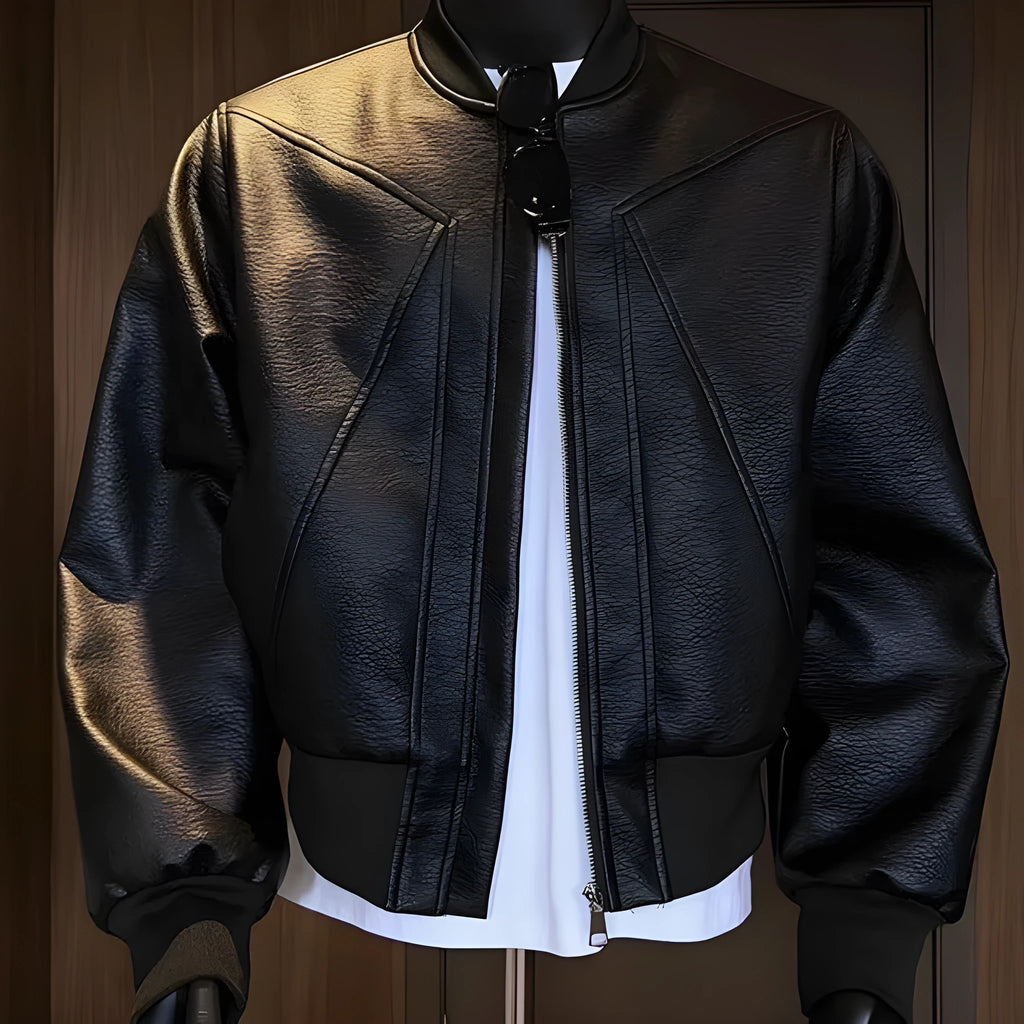 Men's black PU leather jacket with extended 100cm length and litchi grain texture