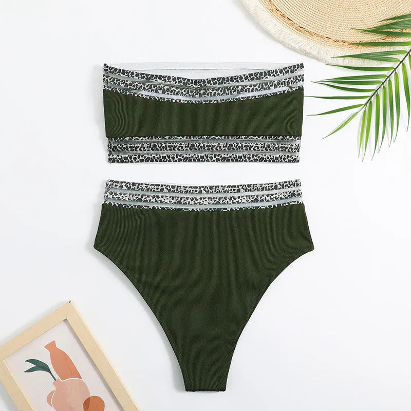 Black strapless swimsuit with leopard pattern splicing and brief-style bottoms