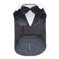 Dog wearing polyester tuxedo dress shirt in plain pattern, available in multiple sizes and colours