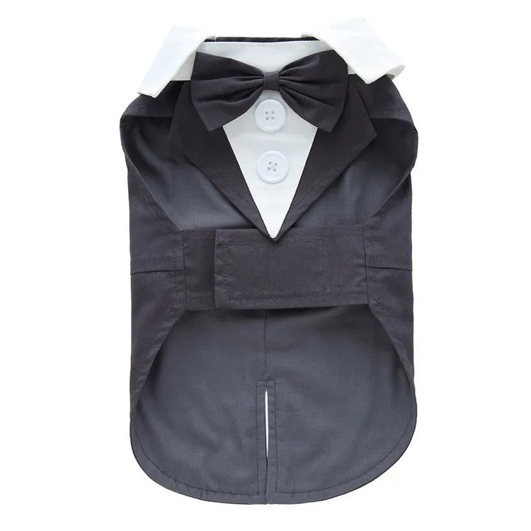 Dog wearing polyester tuxedo dress shirt in plain pattern, available in multiple sizes and colours