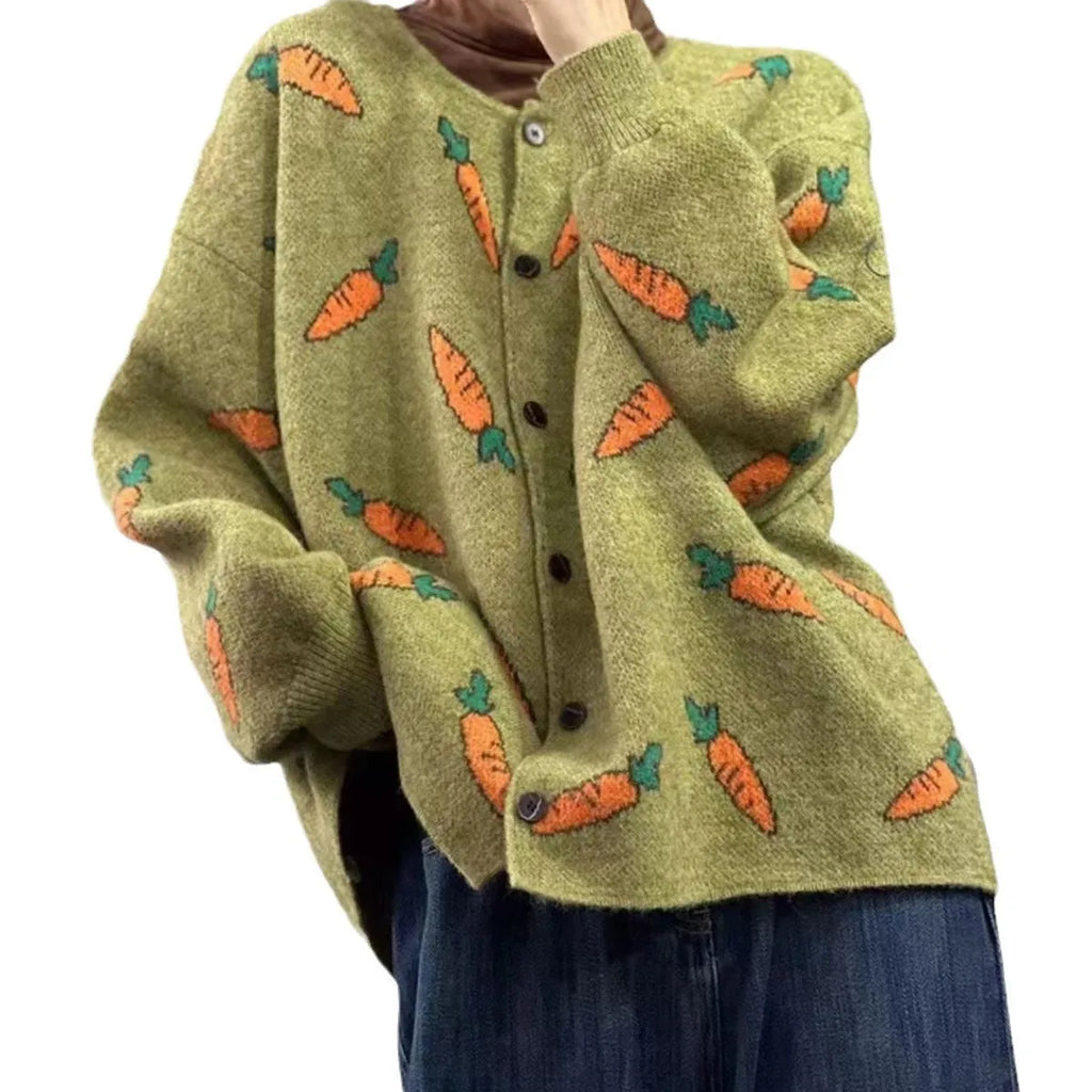 Round neck loose cardigan sweater with Mori artistic printing and colour contrast design