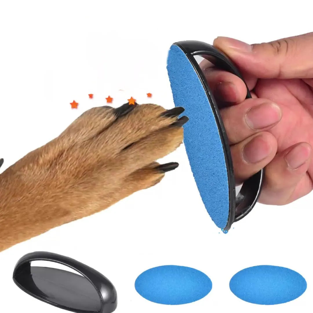 Square blue dog nail file board with ergonomic handle and sandpaper surface