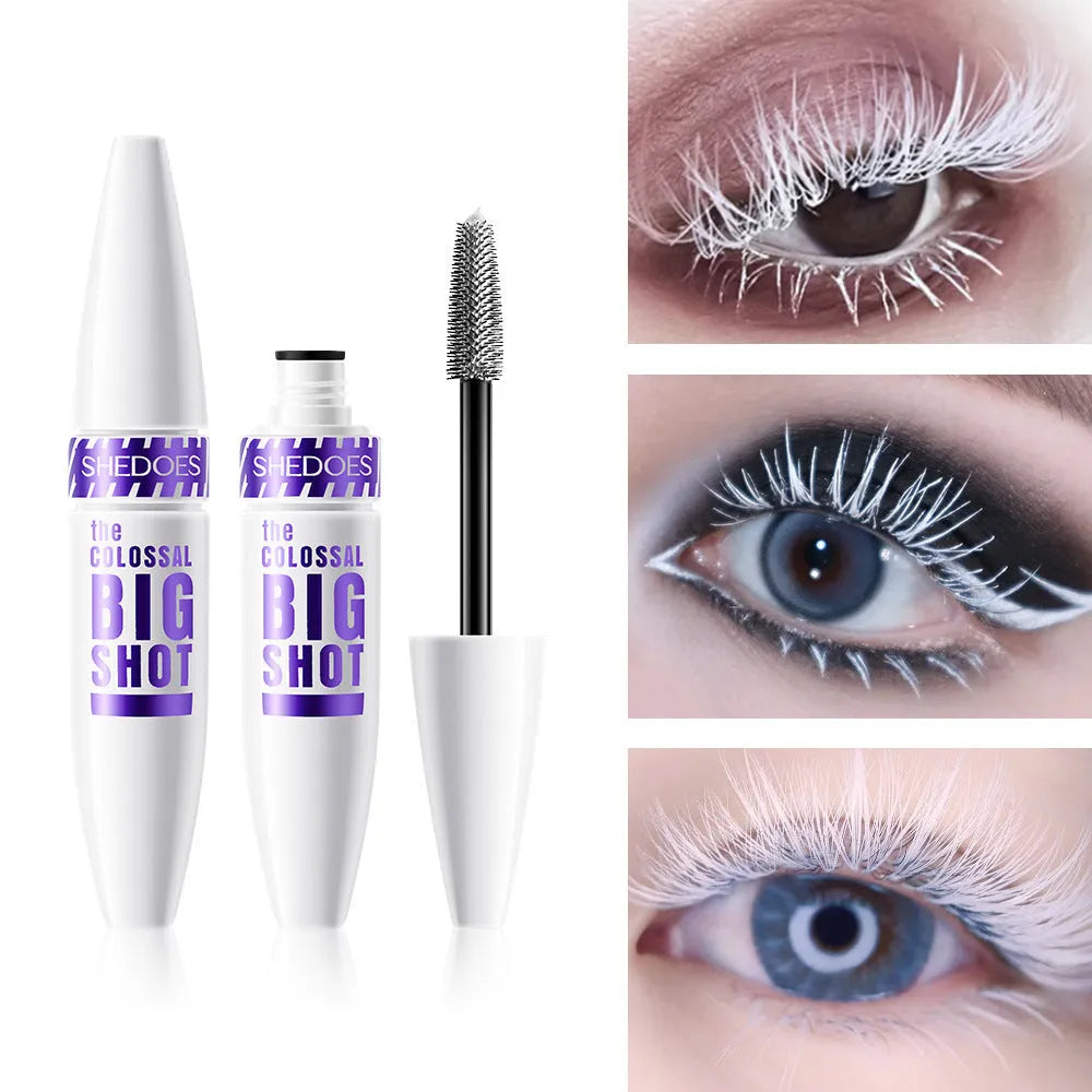 White waterproof mascara tube with 10ml net content and standard brush applicator for curling lashes