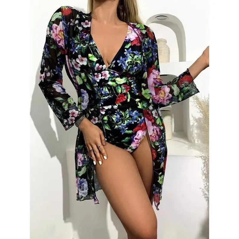 Women's floral pattern three-piece bikini swimsuit with matching coat in multiple colours
