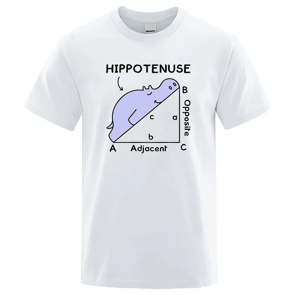 Funny Hippotenuse Opposite Adjacent maths print on a loose-fit cotton T-shirt.