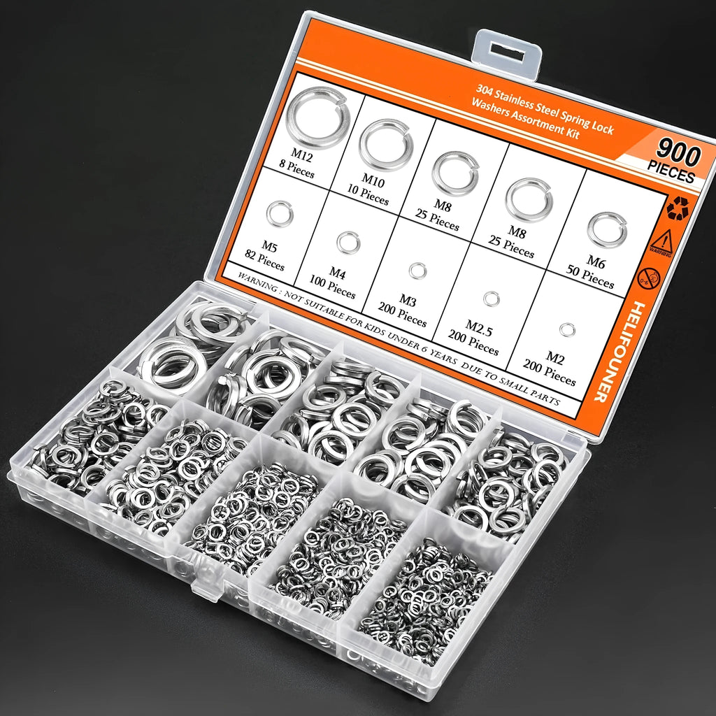 304 stainless steel spring lock washer assortment with 900 pieces in metric sizes 2mm to 12mm