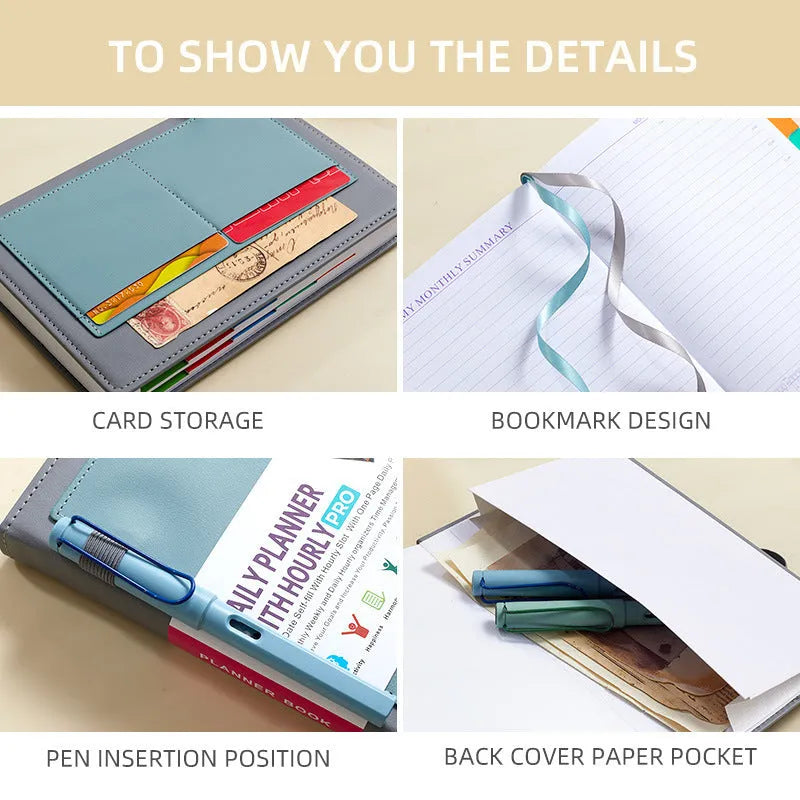 A5 notebook with PU cover, open to show no-date strap and thread binding, with planning stickers.