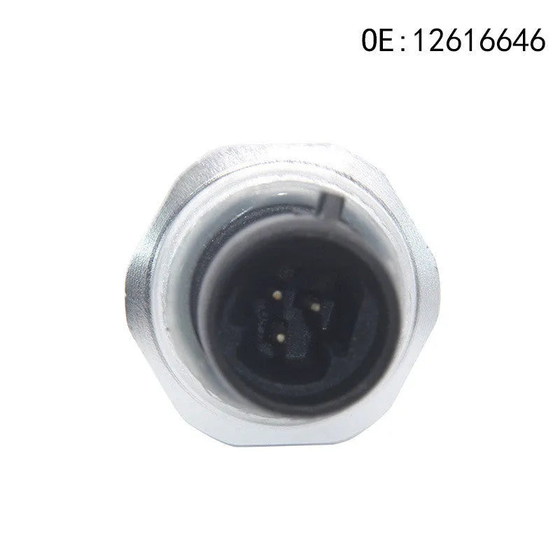 Silver metal automotive fuel pressure sensor for part numbers 12616646, 12677836, D1846A.