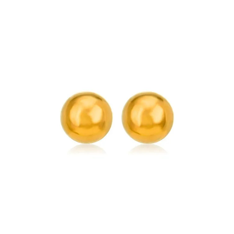 Stainless steel ball stud earrings in gold and silver finishes, showing 3mm, 4mm, 5mm and 6mm size comparison.