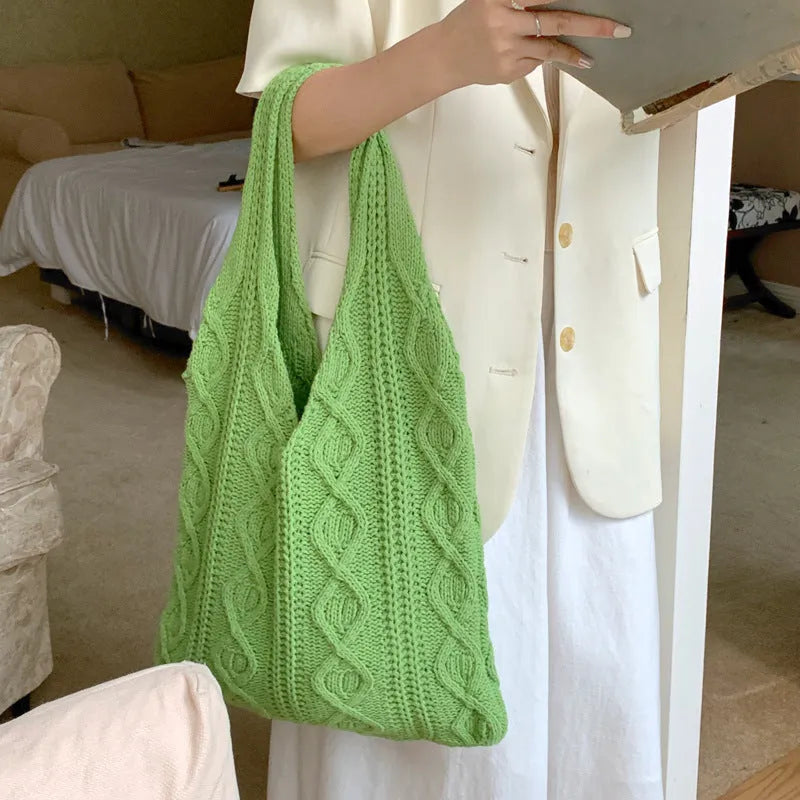 Retro hollow knitted women's shoulder tote bag in solid colour with double straps