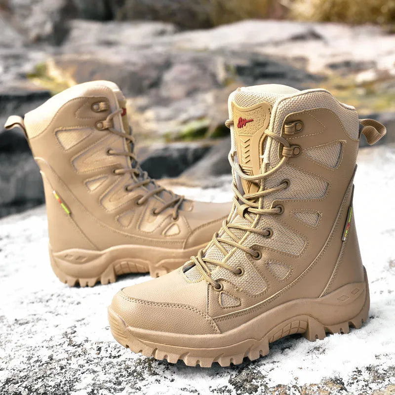 Men's beige cowhide hi-top hiking shoes on a rocky outdoor trail.