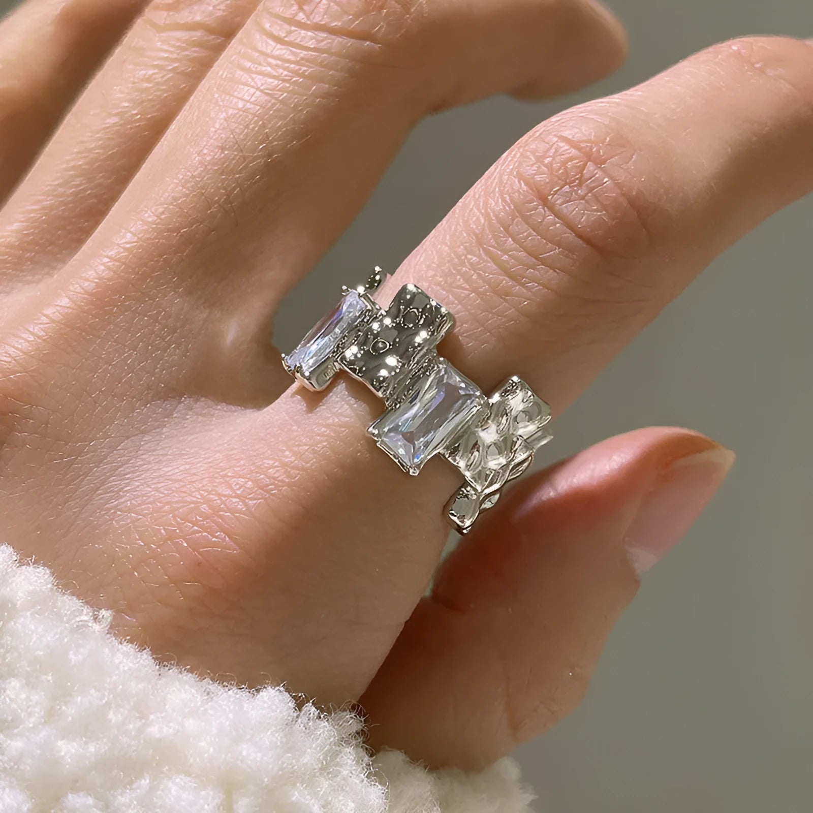 Open geometric silver ring with cross zircon pattern in retro style