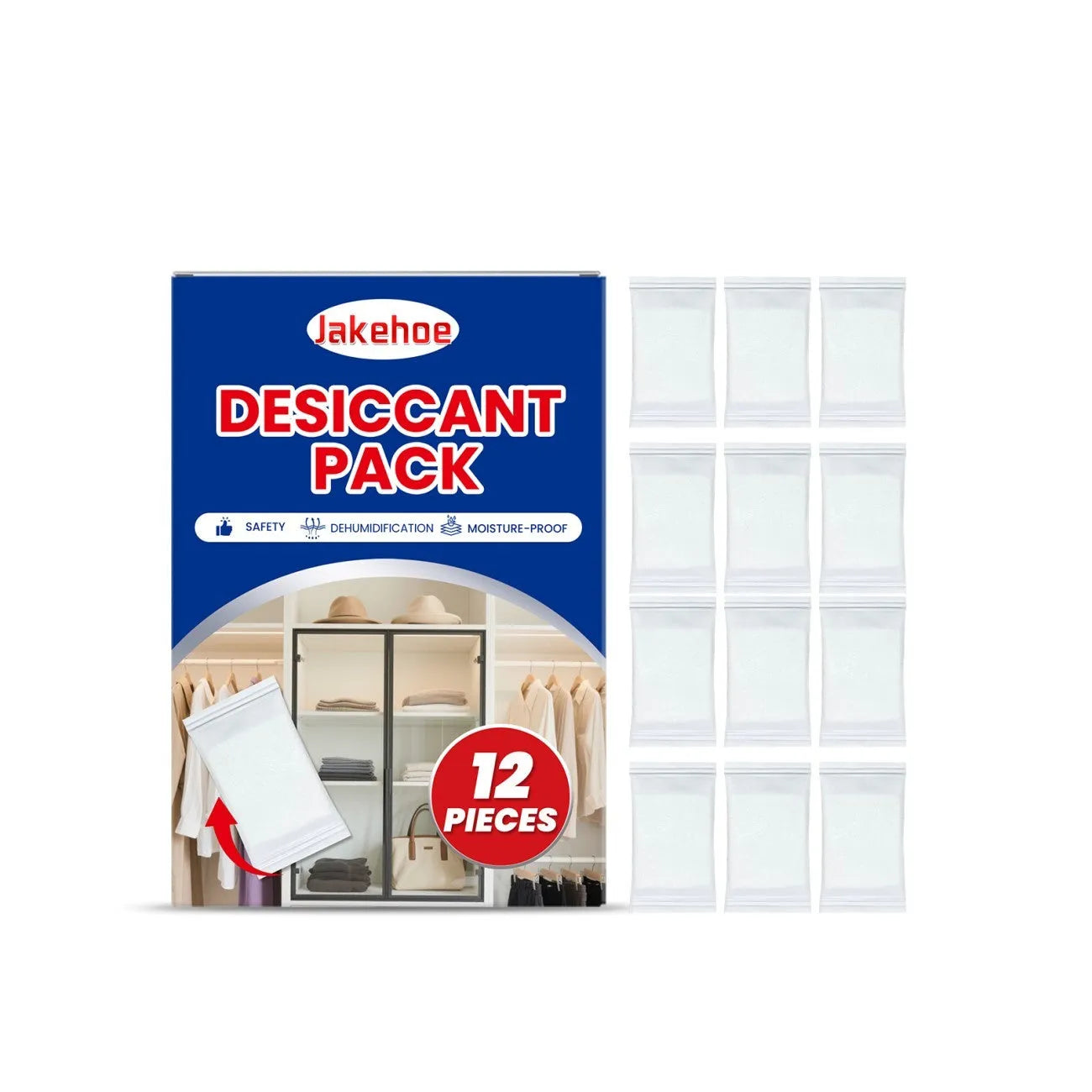 Pack of 12 calcium chloride anti-odor desiccant sachets for household moisture absorption.