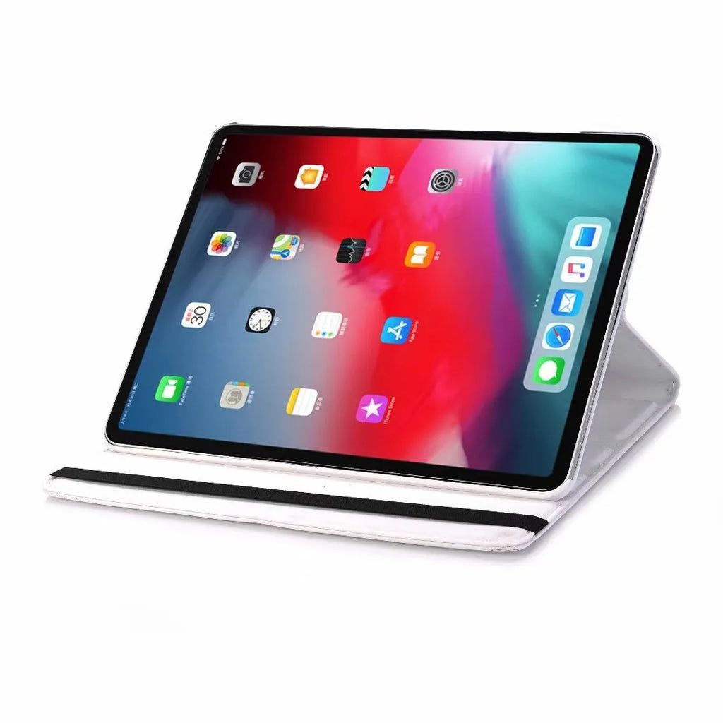 iPad rotating protective sleeve in imitation leather clamshell design showing colour options