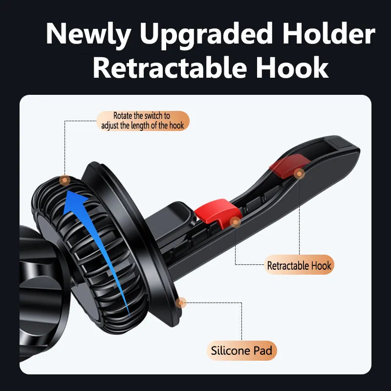 Magnetic car phone holder with snap-on air vent clip in silver or black colour