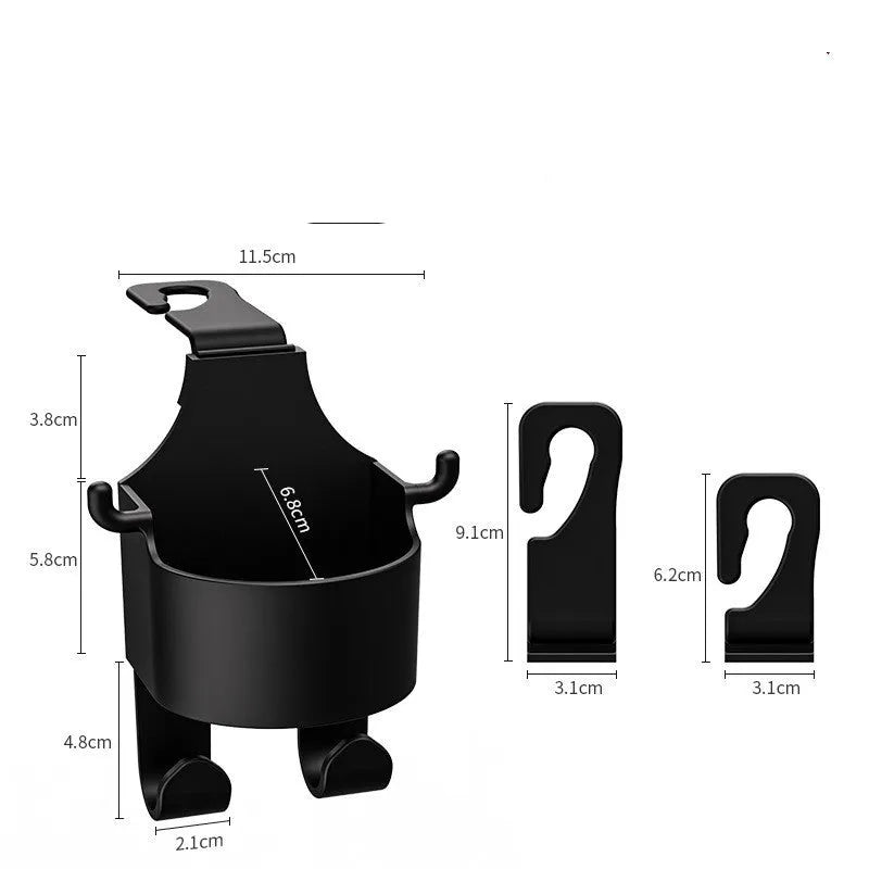 Black plastic car hook seat back organiser with cup holder and dual hooks mounted on headrest