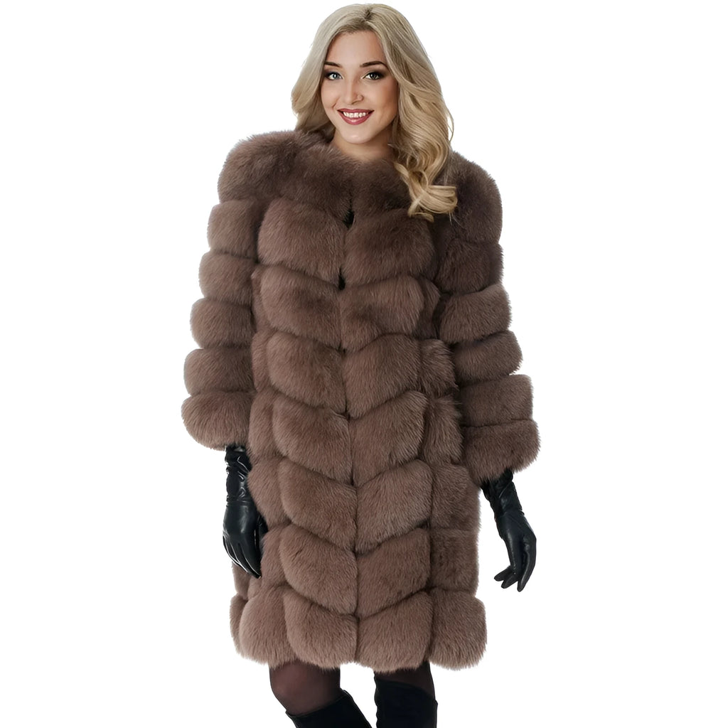 Women's long black faux fur coat with regular sleeves on a hanger