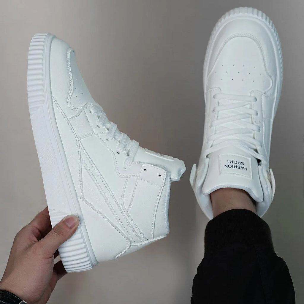 Men's solid white round toe casual shoes with a microfiber leather upper on a neutral background.