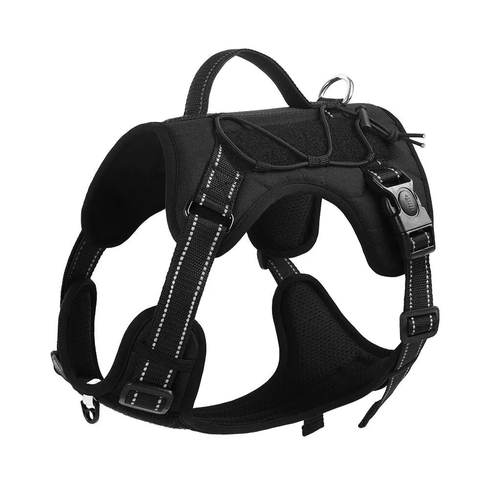 Reflective dog harness with hand-holding rope in PU material showing colour options and sizing