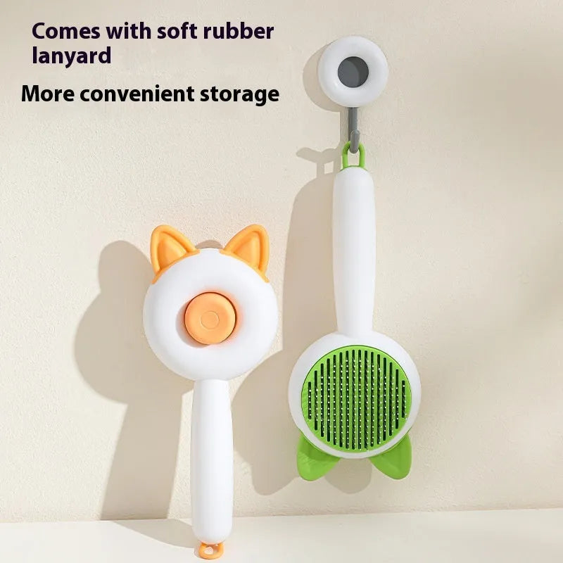 Self-cleaning pet grooming comb with stainless steel teeth in greenish white and orange white colour options