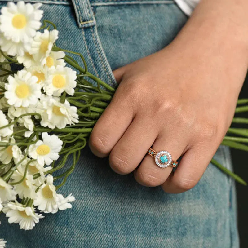 Women's turquoise ethnic style copper ring with micro-inlaid zircon stones in rose gold colour