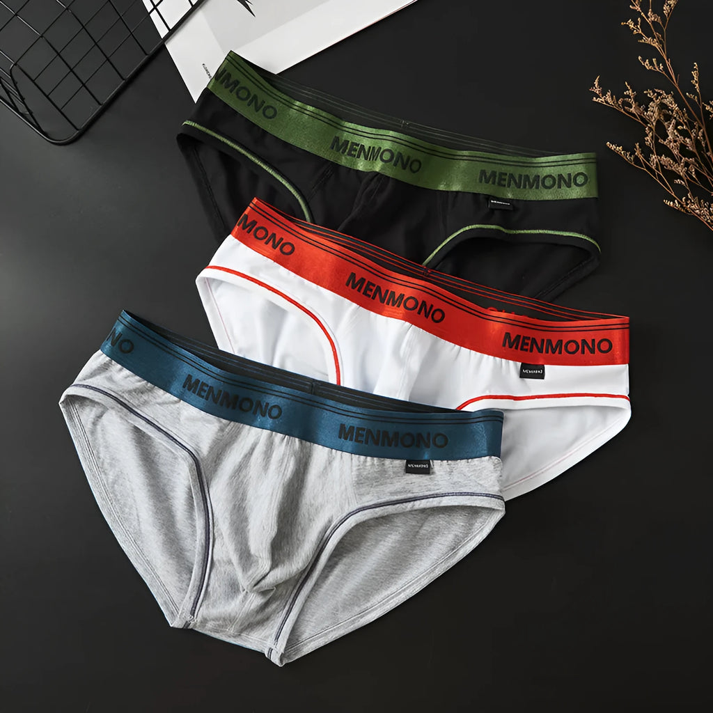 Men's cotton low waist briefs in two-tone colour combinations showing solid colour design