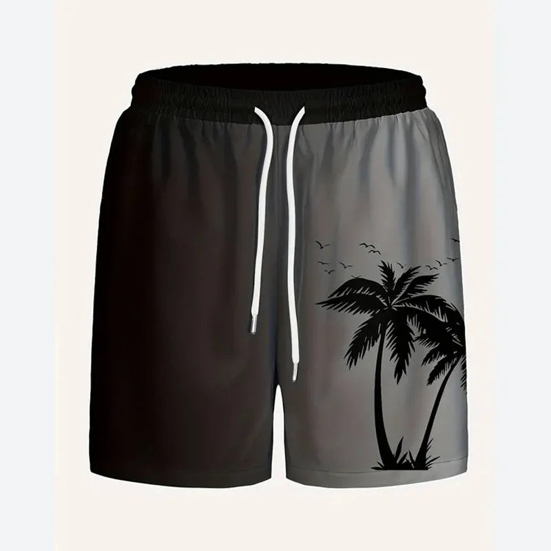 Man wearing loose grey polyester beach shorts on sand, showing casual fit.