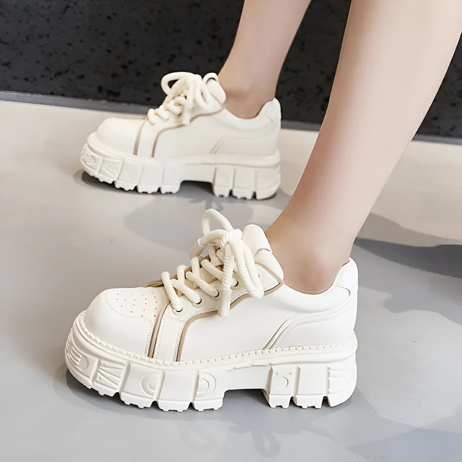 Women's beige platform leather shoes with muffin bottom design and rubber foam sole