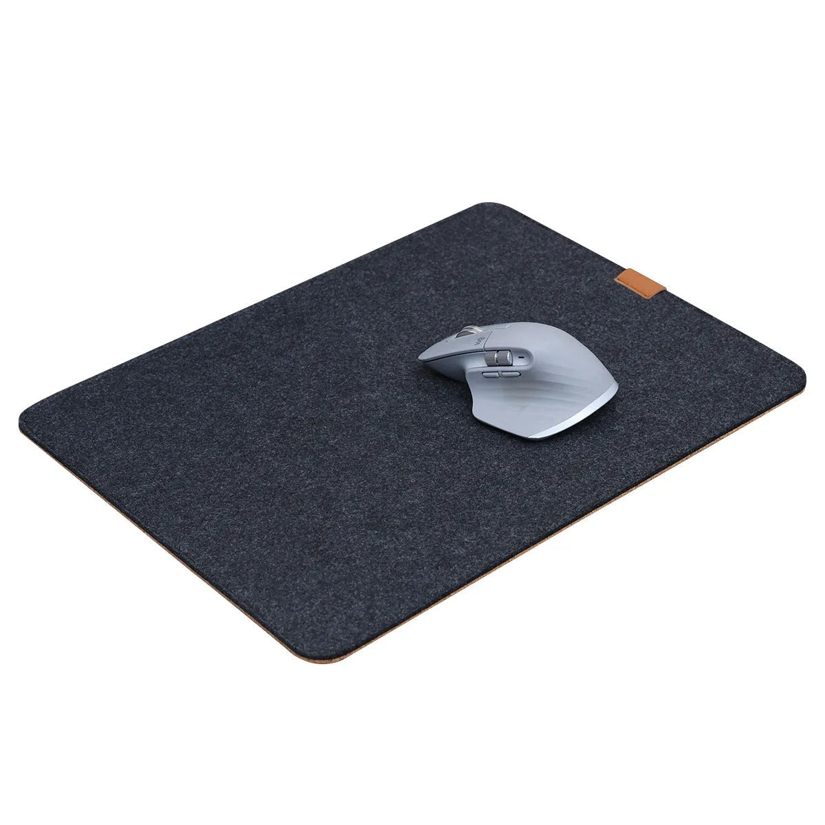 Felt cork desk mat in grey on a wooden desk, showing non-slip base and simple Japanese style design.