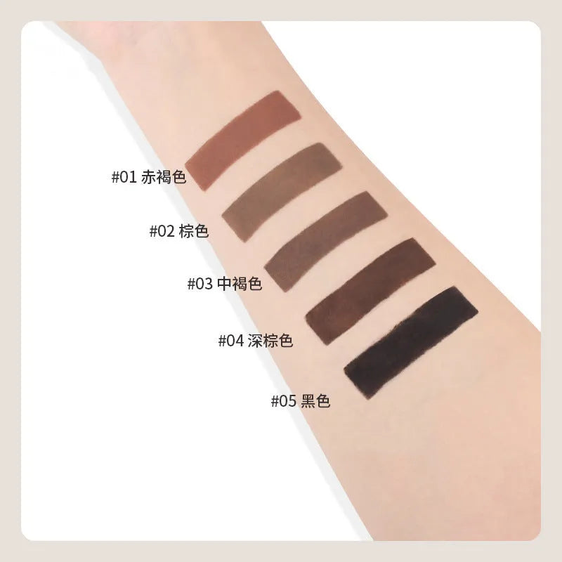 Double-headed eyebrow cream showing pencil and powder ends with five shade options displayed