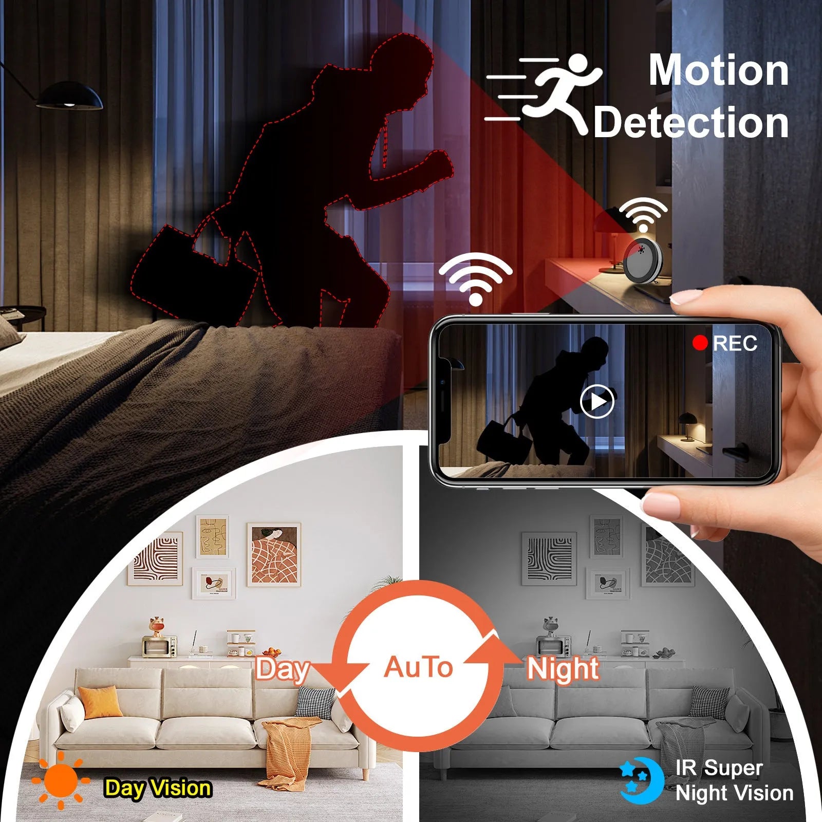 Wireless smart surveillance camera in black with night vision and voice conversation, compact size 15 by 15 by 4 cm