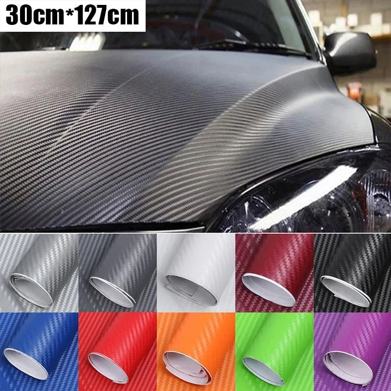Roll of 3D carbon fiber car decoration sticker showing textured surface in multiple colour options