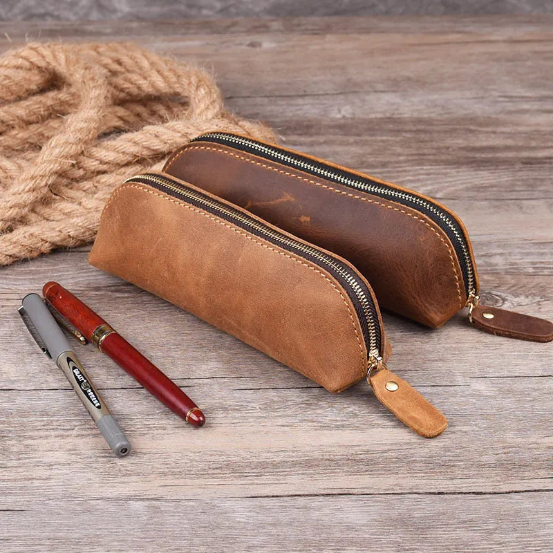 Handmade cowhide leather pencil case with zipper closure showing square 18cm x 6cm x 6cm dimensions