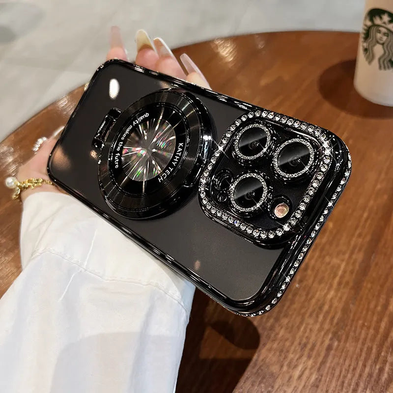 Silicone magnetic bracket rhinestone frame phone case for iPhone, transparent back, electroplated finish