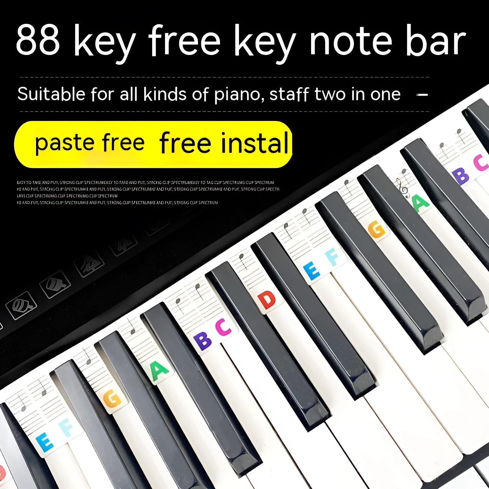 Set of 88 key piano keyboard stickers showing black note and colour note bar designs on white cardboard.