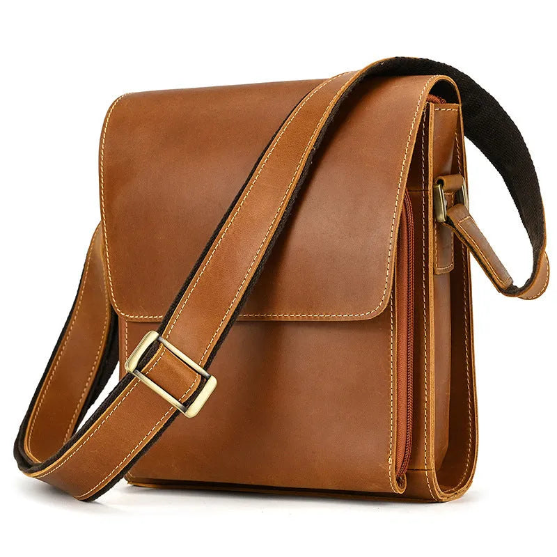 Men's first layer cowhide leather shoulder bag solid colour retro sewing line crossbody bag dark brown