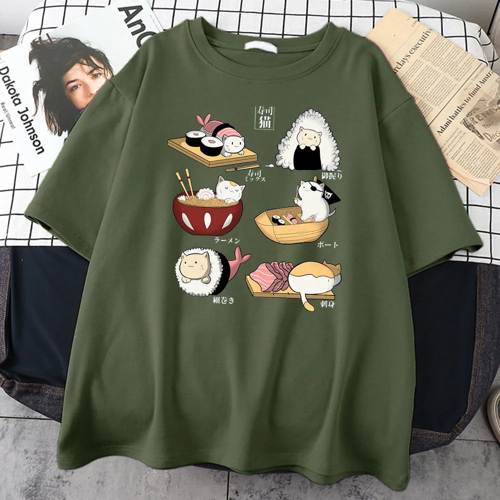 Man wearing a black loose-fit cotton T-shirt with a cartoon print of a cat dressed as sushi.