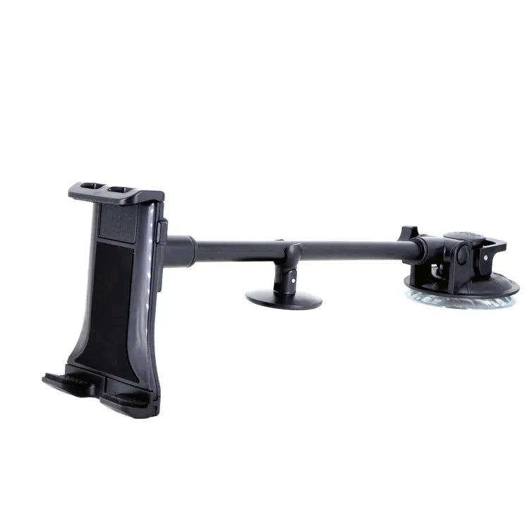 Black vehicle-mounted tablet holder with suction cup for 4-12-inch devices on car dashboard