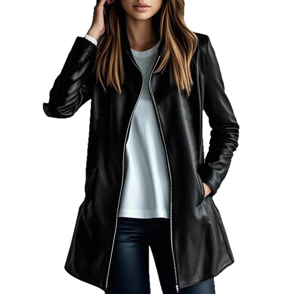 Women's black polyester jacket with long sleeves, medium 65cm length, casual commute style, front view